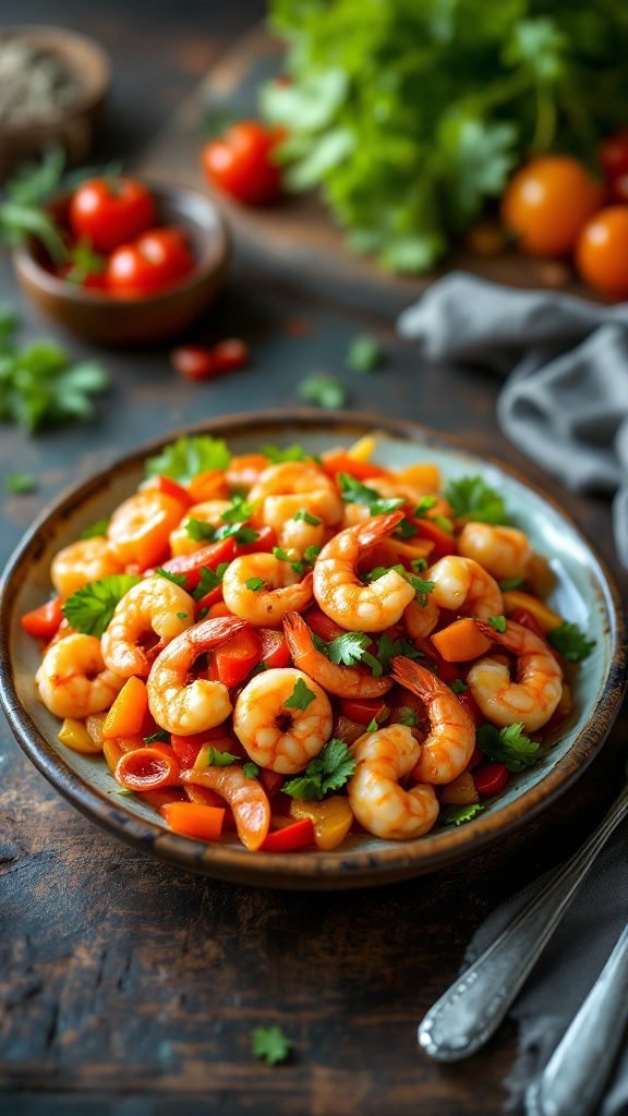 A vibrant plate of sweet and sour shrimp garnished with fresh cilantro and mixed vegetables.