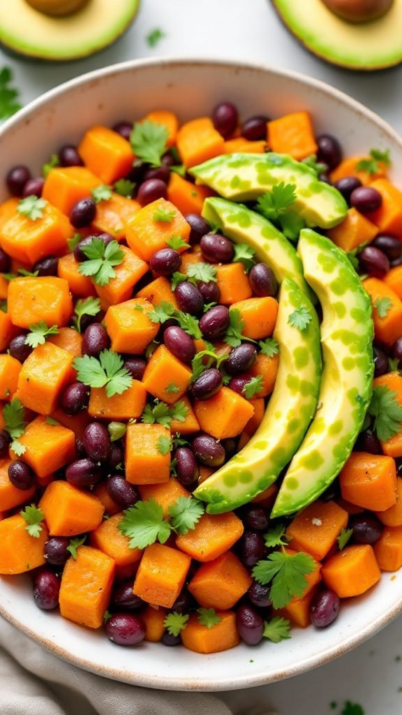 A bowl of sweet potato and black bean salad with avocado and cilantro.