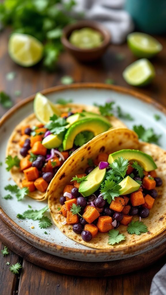 Delicious sweet potato and black bean tacos topped with avocado and cilantro, served with lime wedges.