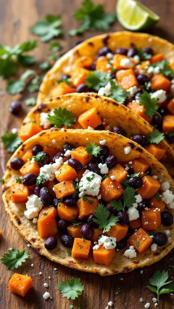 Delicious sweet potato and black bean tacos topped with cilantro