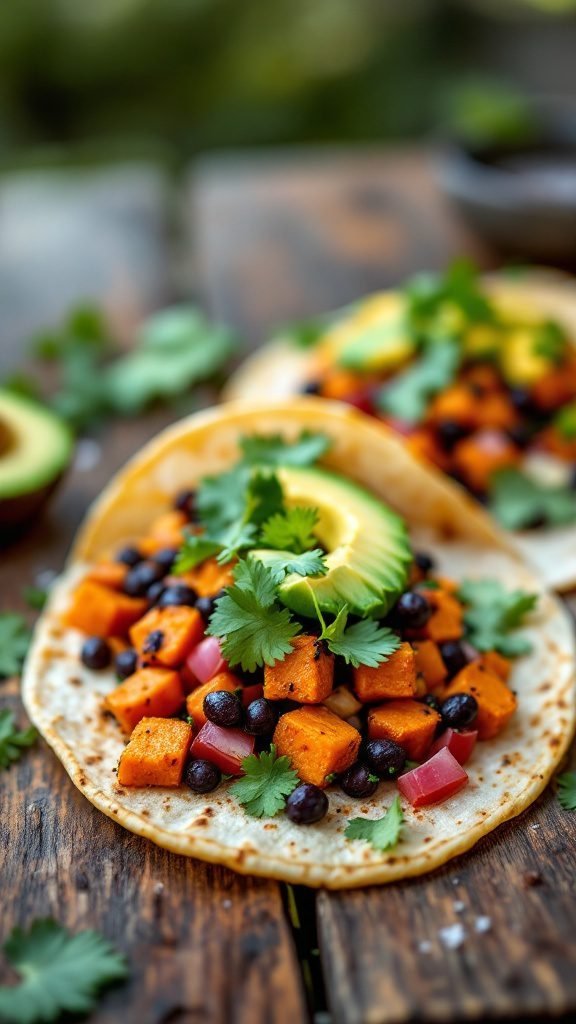 Sweet potato and black bean tacos topped with cilantro and avocado on a wooden table.