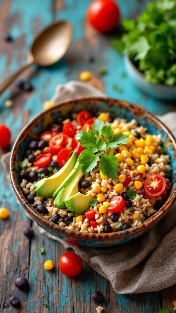 A colorful bowl of taco rice with fresh ingredients