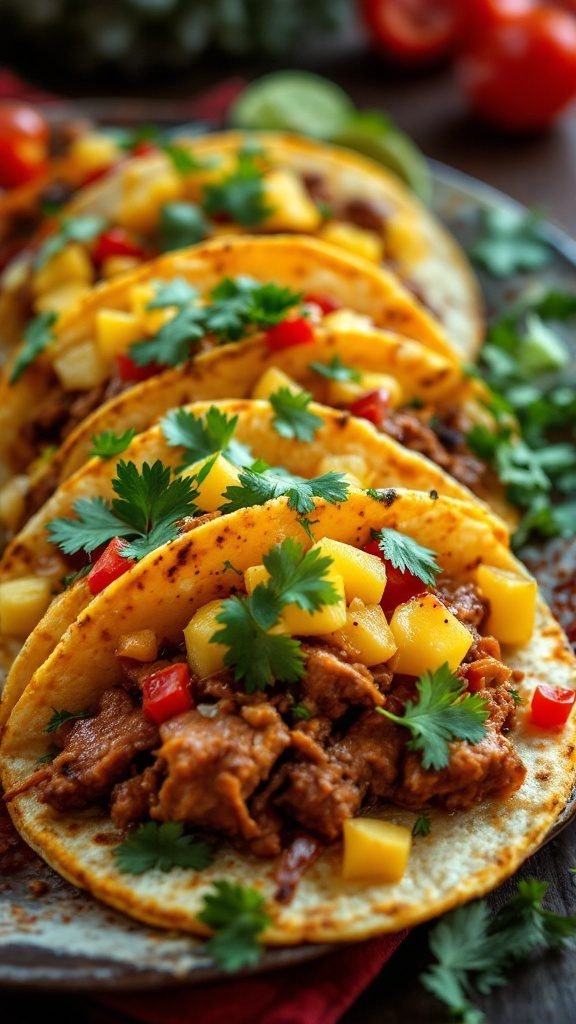 Tacos al Pastor with Pineapple served on a plate, garnished with cilantro and diced pineapple.