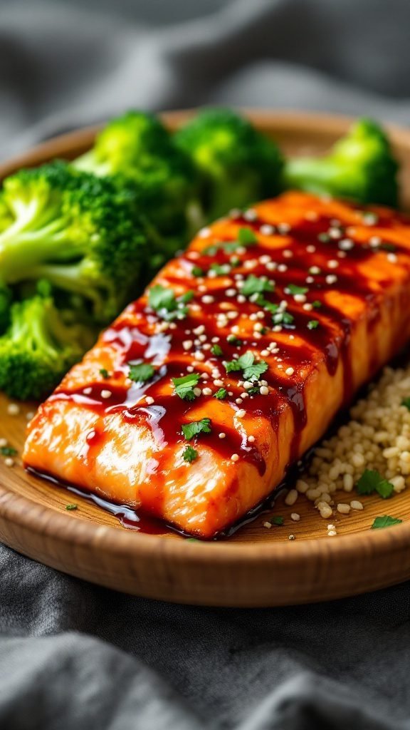 Teriyaki salmon served with broccoli and sesame seeds