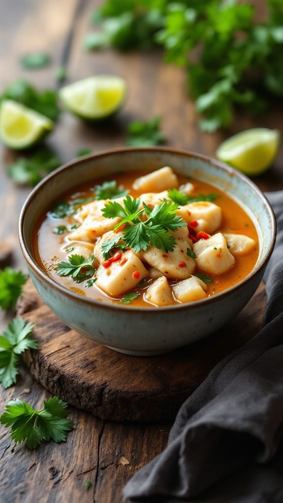 A bowl of Thai Coconut Fish Soup with herbs and lime wedges.