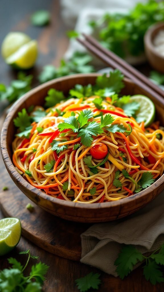 A colorful bowl of Thai glass noodle salad garnished with cilantro and served with lime wedges.