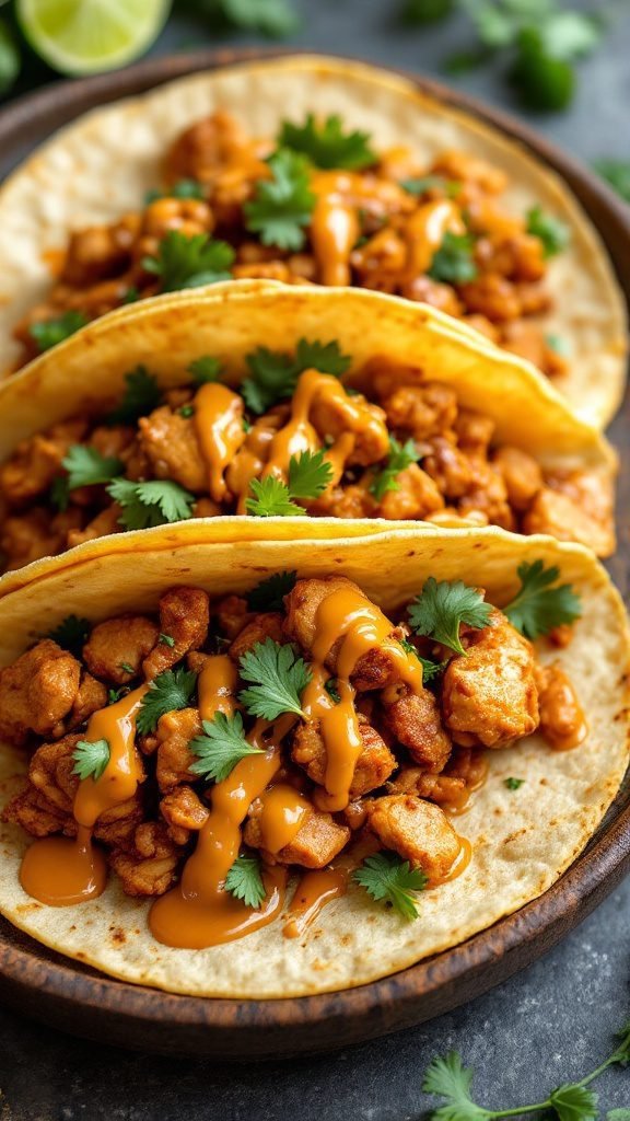 Thai Peanut Chicken Tacos with cilantro and peanut drizzle