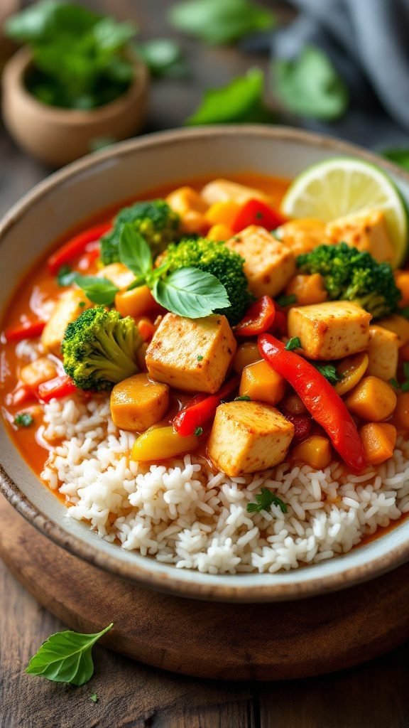 A bowl of Thai red curry with tofu and vegetables served over rice.