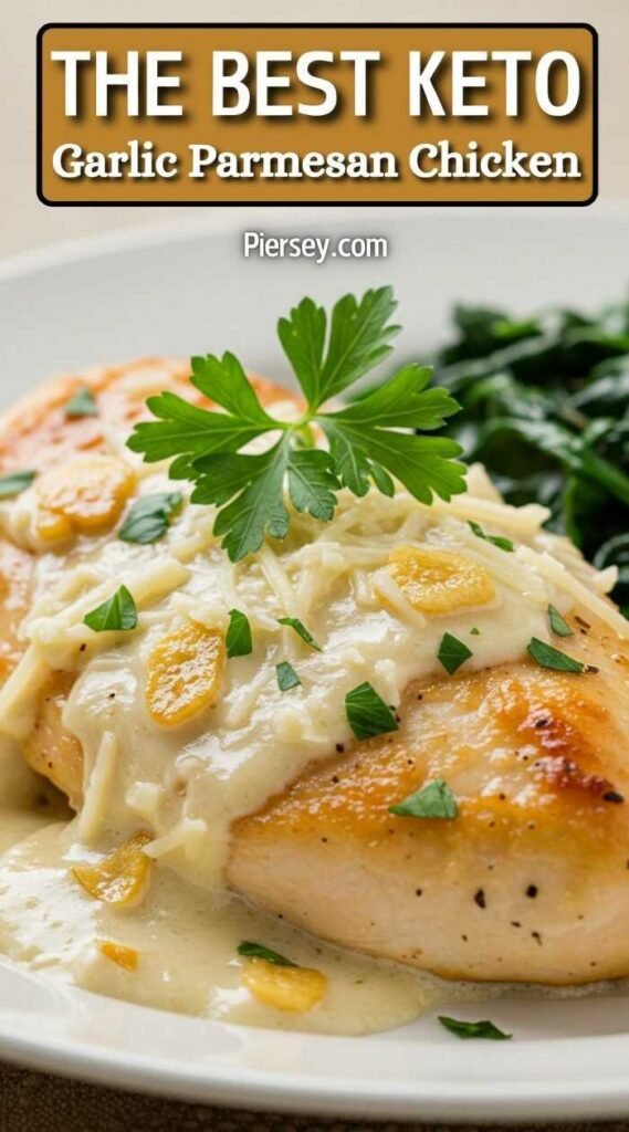 Plate of golden-brown chicken topped with creamy garlic parmesan sauce and parsley, set against vibrant green spinach. Text reads: "The Best Keto Garlic Parmesan Chicken".