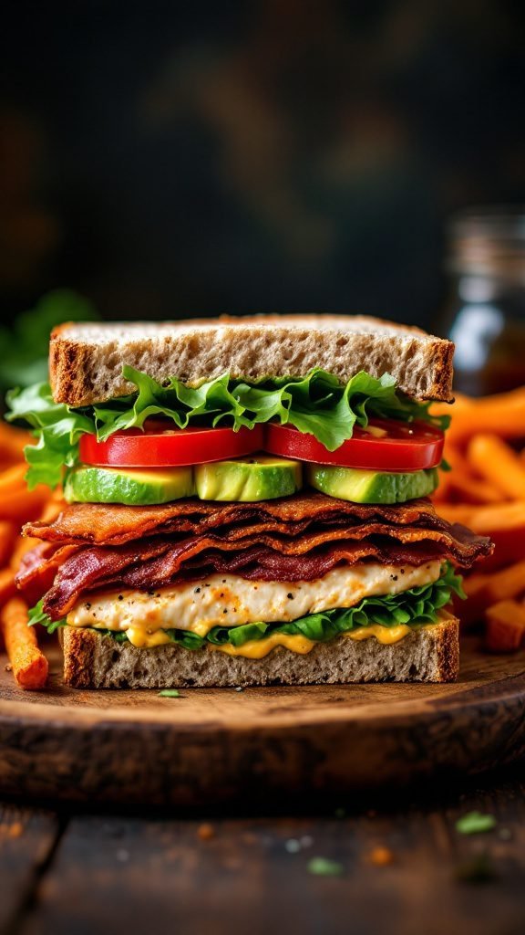 A layered vegan BLT sandwich with lettuce, tomato, avocado, and vegan bacon on whole grain bread.