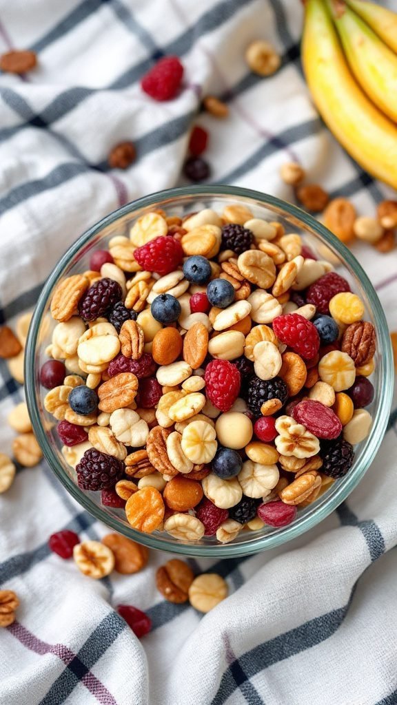 A bowl of trail mix with nuts and dried fruits, surrounded by a checkered cloth