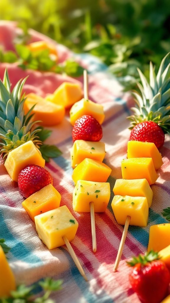 Colorful tropical fruit skewers with pineapple, mango, and strawberries on a picnic blanket