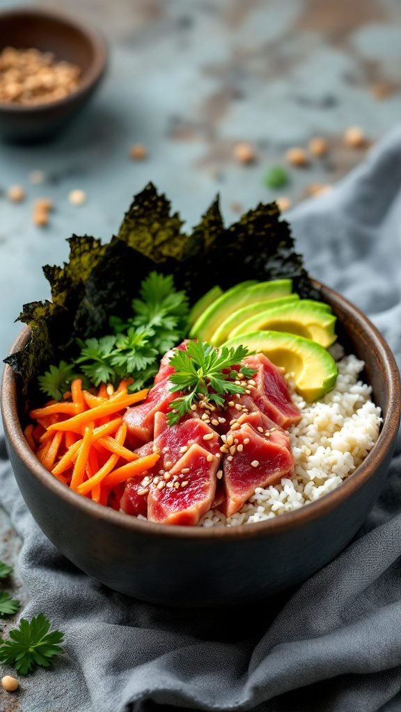 A beautifully arranged Tuna Poke Bowl with marinated tuna, avocado, carrots, and cucumber.