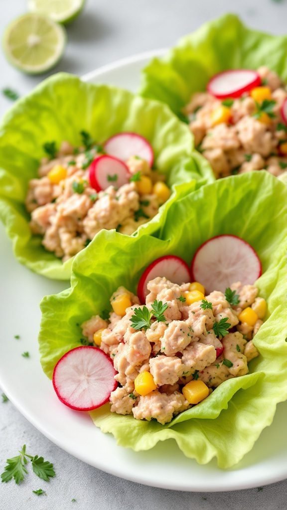 Tuna salad served in lettuce cups with colorful toppings.