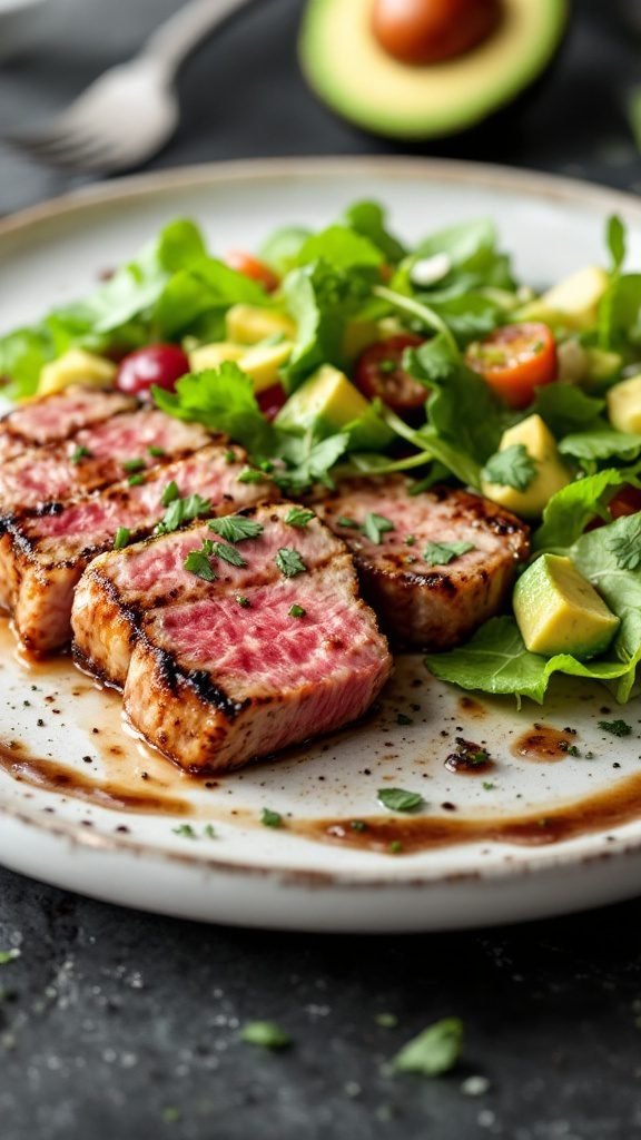 Grilled tuna steak served with a refreshing avocado salad.