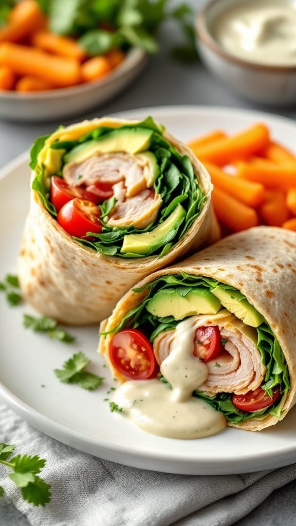 Turkey and avocado wraps with spinach served on a plate with carrot sticks.