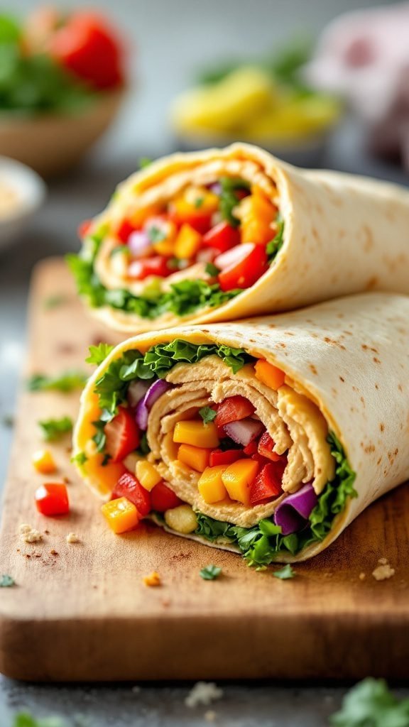 Turkey and Hummus Wrap with colorful veggies
