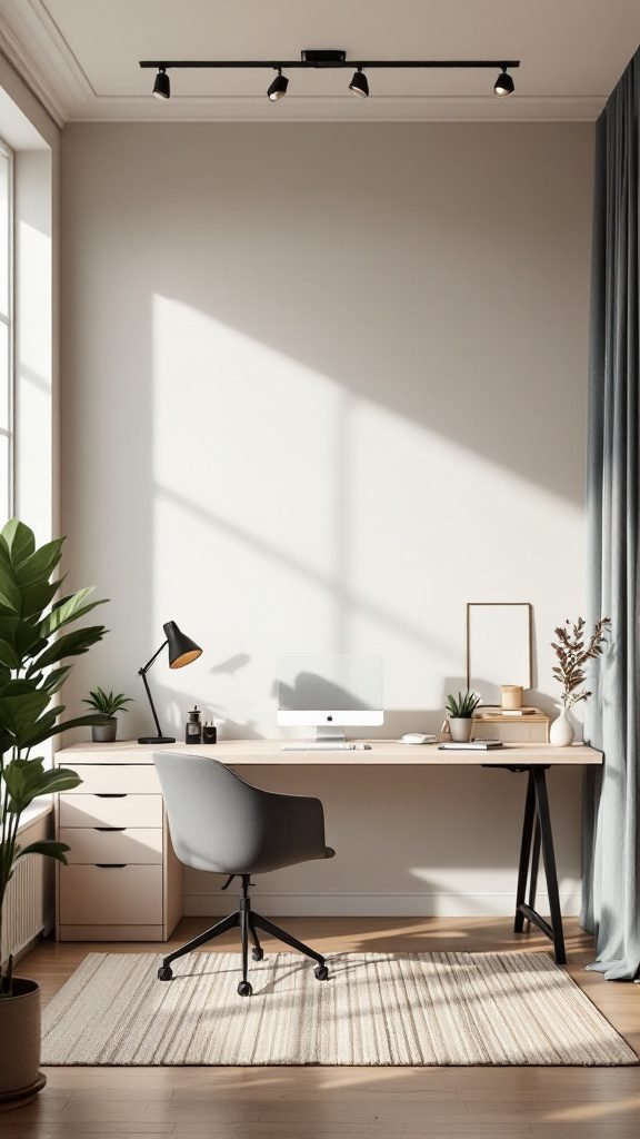 A bright and organized home office featuring a modular desk, an ergonomic chair, and plants for a cozy atmosphere.