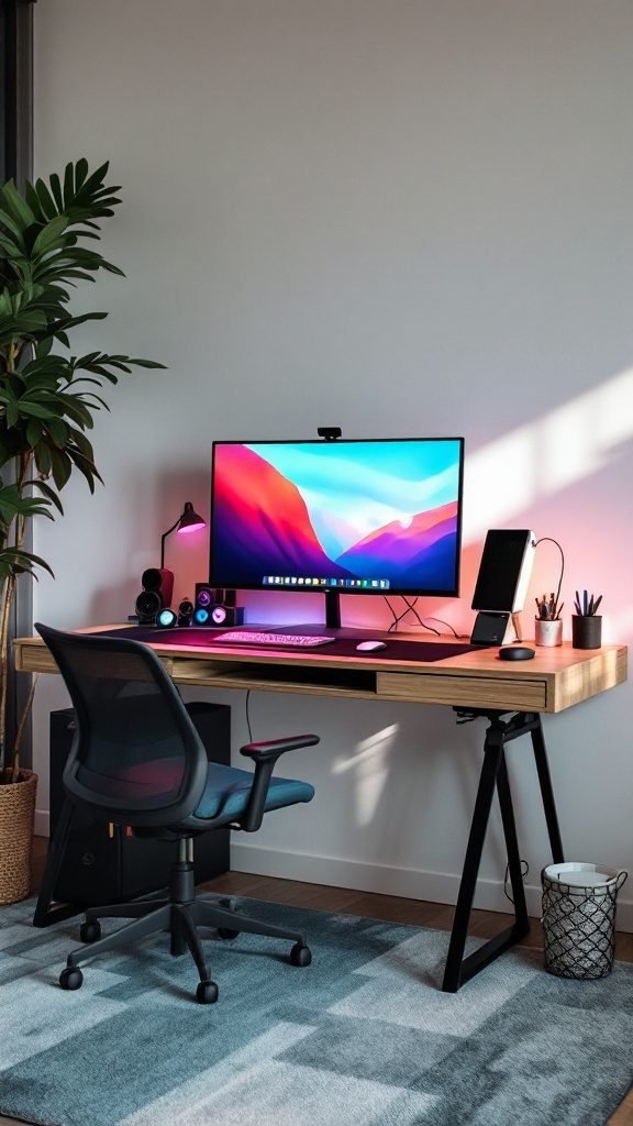 Cozy home office setup with a modern desk, ergonomic chair, and stylish decor
