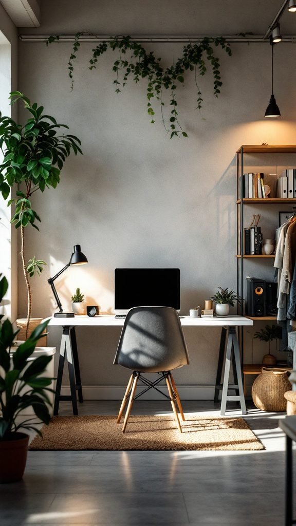 Cozy home office setup with a desk, chair, plants, and shelves
