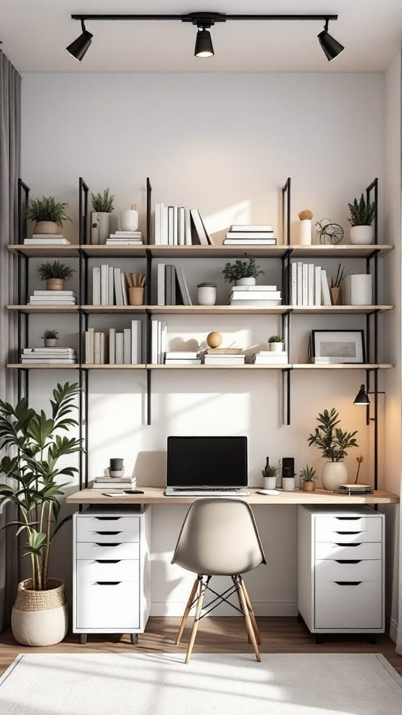 A stylish home office setup featuring vertical shelves, a desk with drawers, and plants.