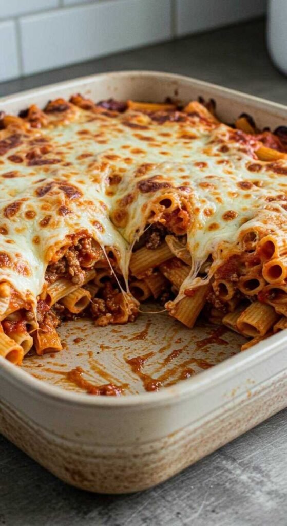 Baked ziti in a casserole dish with a serving removed, revealing layers of pasta, meat sauce, and melted cheese. The scene conveys warmth and comfort.