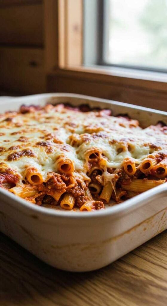 Baked ziti in a white casserole dish with bubbling melted cheese on top. The dish sits on a wooden table near a window, creating a warm and inviting scene.