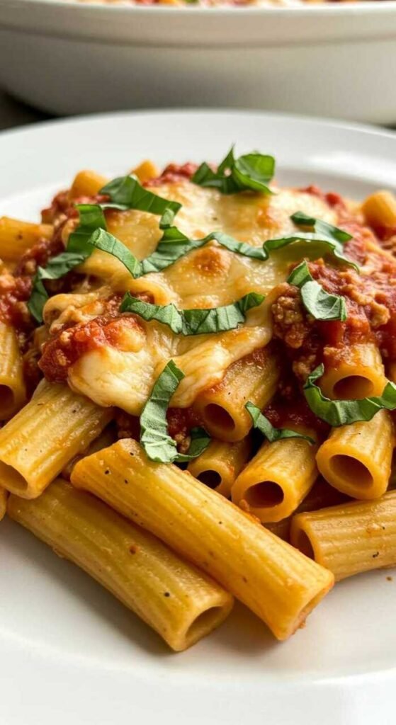 A serving of baked ziti topped with melted cheese and fresh basil on a white plate. The dish is rich and inviting, set against a warm, comforting backdrop.