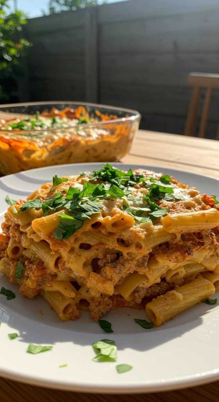 A close-up of a delicious baked ziti slice on a white plate, garnished with fresh parsley. A sunlit glass dish with more pasta is in the background.