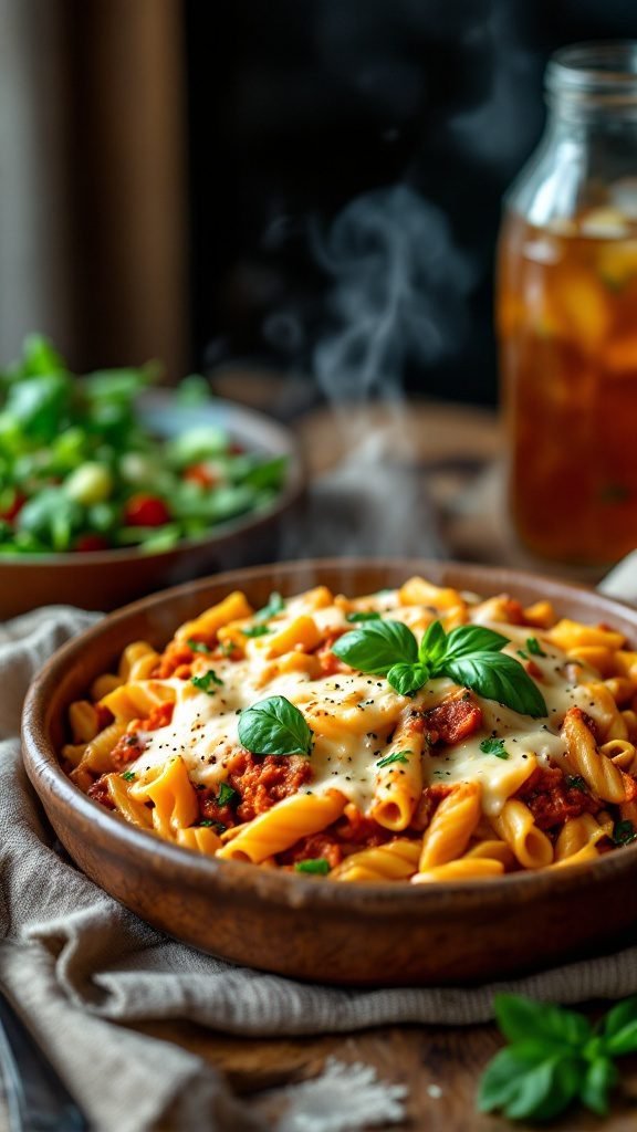 A bowl of vegan baked ziti topped with fresh basil and herbs.