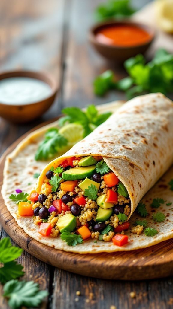 Vegan burrito filled with quinoa, beans, and colorful vegetables