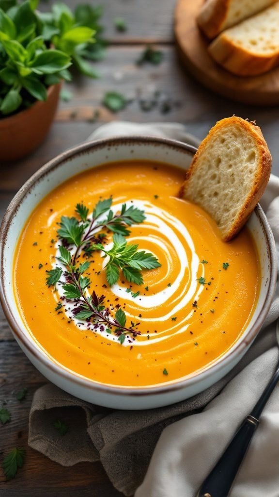 A bowl of creamy butternut squash soup garnished with herbs and a slice of bread on the side.