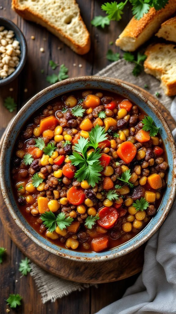 A bowl of vegan lentil chili topped with fresh cilantro, surrounded by slices of bread and a scattering of ingredients.