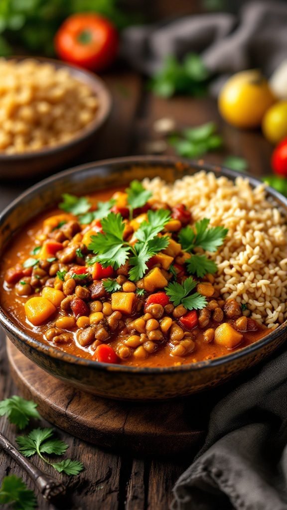 A bowl of vegan lentil curry served with brown rice and garnished with cilantro.