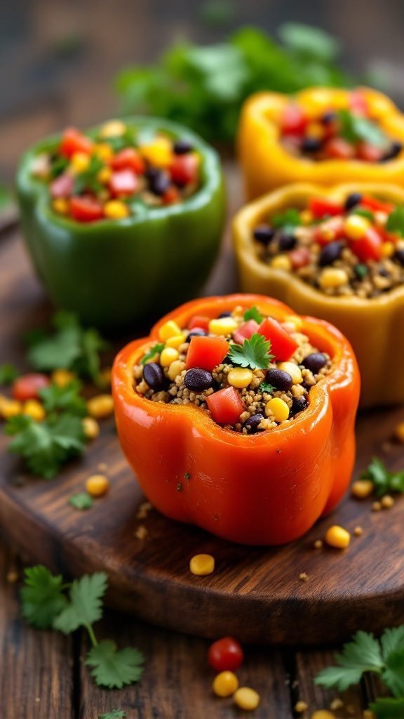 Colorful stuffed bell peppers with quinoa and vegetables.