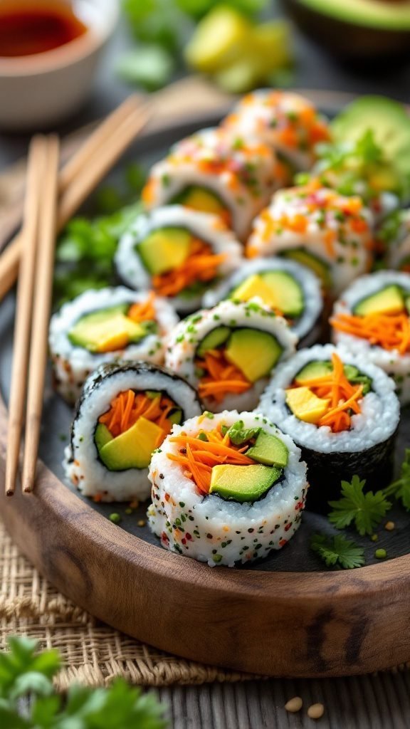 A plate of colorful vegan sushi rolls with fresh vegetables.