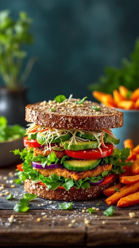 A delicious vegan tempeh sandwich stacked with fresh vegetables, served with sweet potato fries.