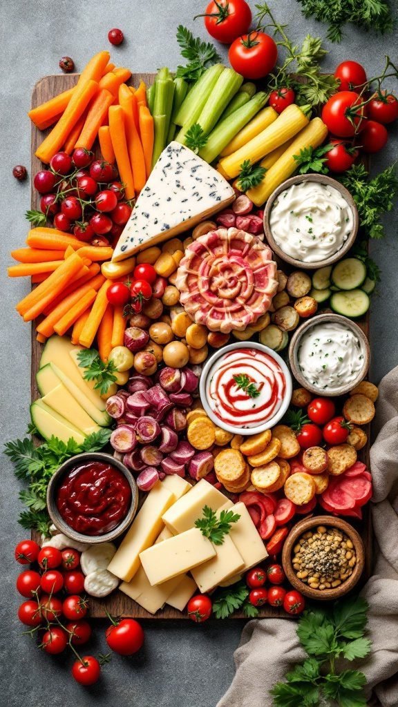 A colorful vegetable and cheese platter with various fresh vegetables, cheeses, and dips.