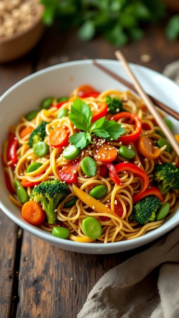 A colorful vegetable noodle stir-fry featuring broccoli, bell peppers, and carrots.