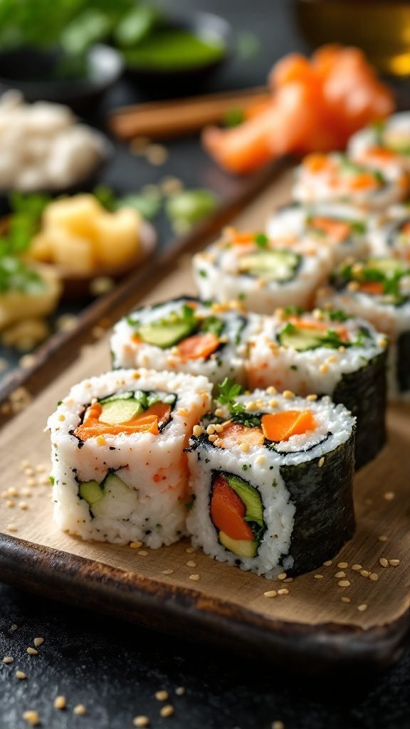 A close-up view of neatly sliced vegetable sushi rolls on a wooden platter, garnished with sesame seeds.