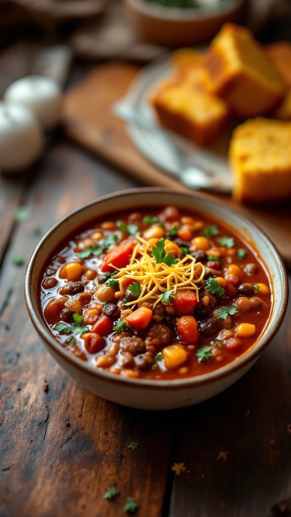 Bowl of vegetarian chili with cornbread on the side