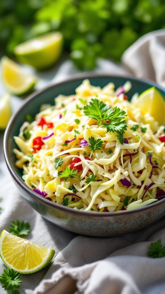 A bowl of zesty cabbage slaw garnished with cilantro and lime wedges