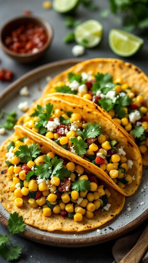 Zucchini and corn tacos with cilantro and lime