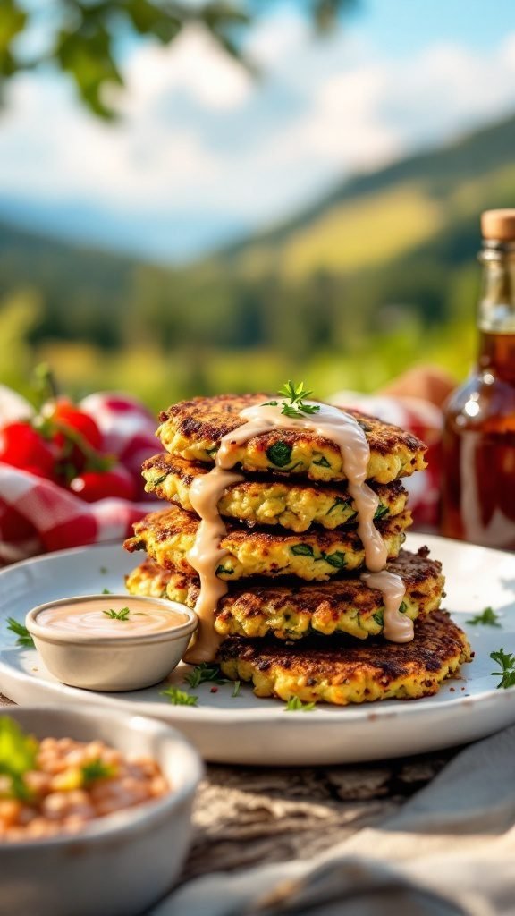 A stack of zucchini fritters drizzled with sauce, served with dipping sauce on a plate, set in a picnic-style outdoor environment.