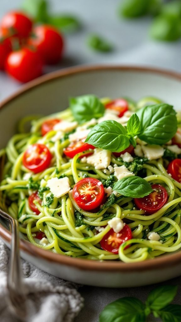 A bowl of zucchini noodles with pesto, cherry tomatoes, and fresh basil.