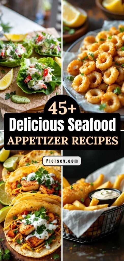 Alt text: A collage of seafood appetizers includes crab salad lettuce cups, crispy calamari, fish tacos with lime, and fish and chips with tartar sauce.