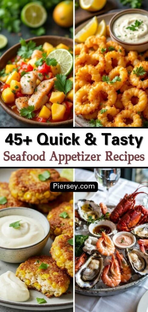 Collage of vibrant seafood appetizers: fruit-topped fish, crispy calamari, crab cakes with sauce, and a seafood platter. Text: "45+ Quick & Tasty Seafood Appetizer Recipes."