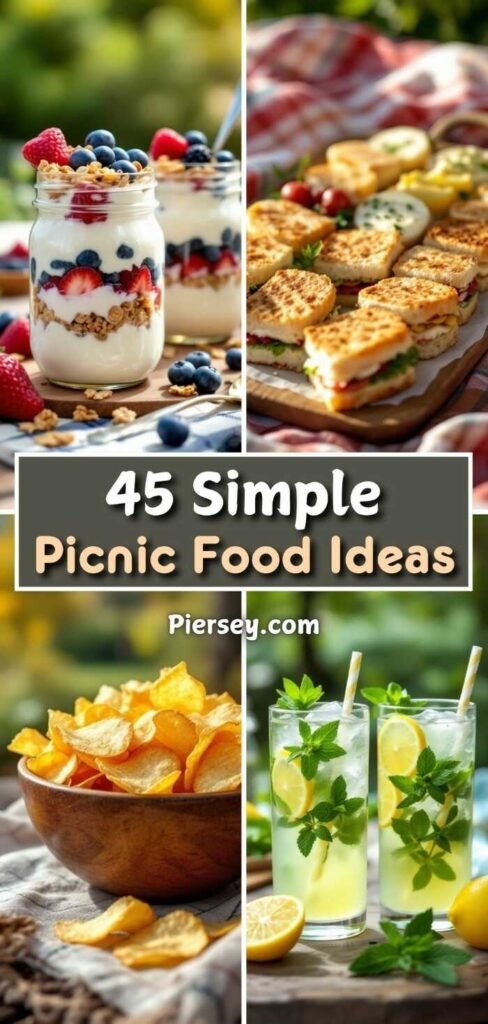 Four images showcasing picnic food: parfaits with berries and granola, mini sandwiches on a wooden board, a bowl of potato chips, and lemon mint drinks. Text reads "45 Simple Picnic Food Ideas."