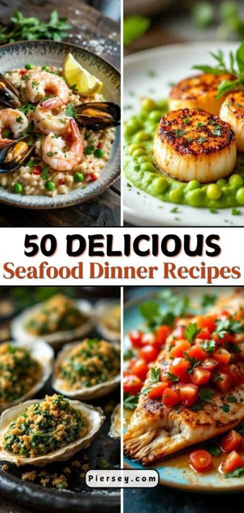 Collage of seafood dishes: shrimp with mussels, seared scallops, baked oysters, and grilled fish with tomatoes. Text reads "50 Delicious Seafood Dinner Recipes."
