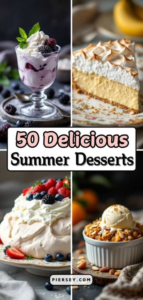 A collage of summer desserts, featuring berry parfait, lemon meringue pie, berry-topped pavlova, and fruit crumble with ice cream. Text reads "50 Delicious Summer Desserts."